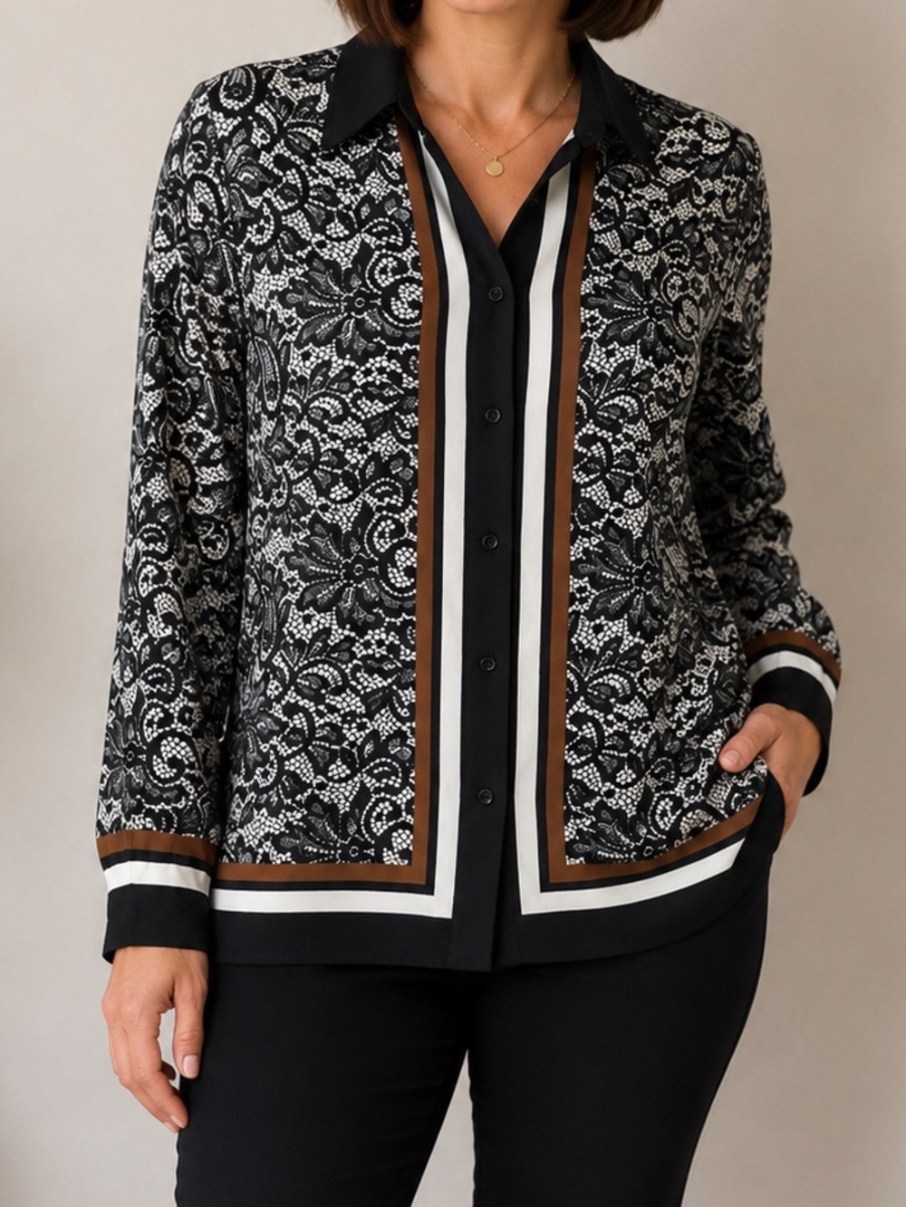 Talbots Black White Floral Border-Trim Button Down Shirt